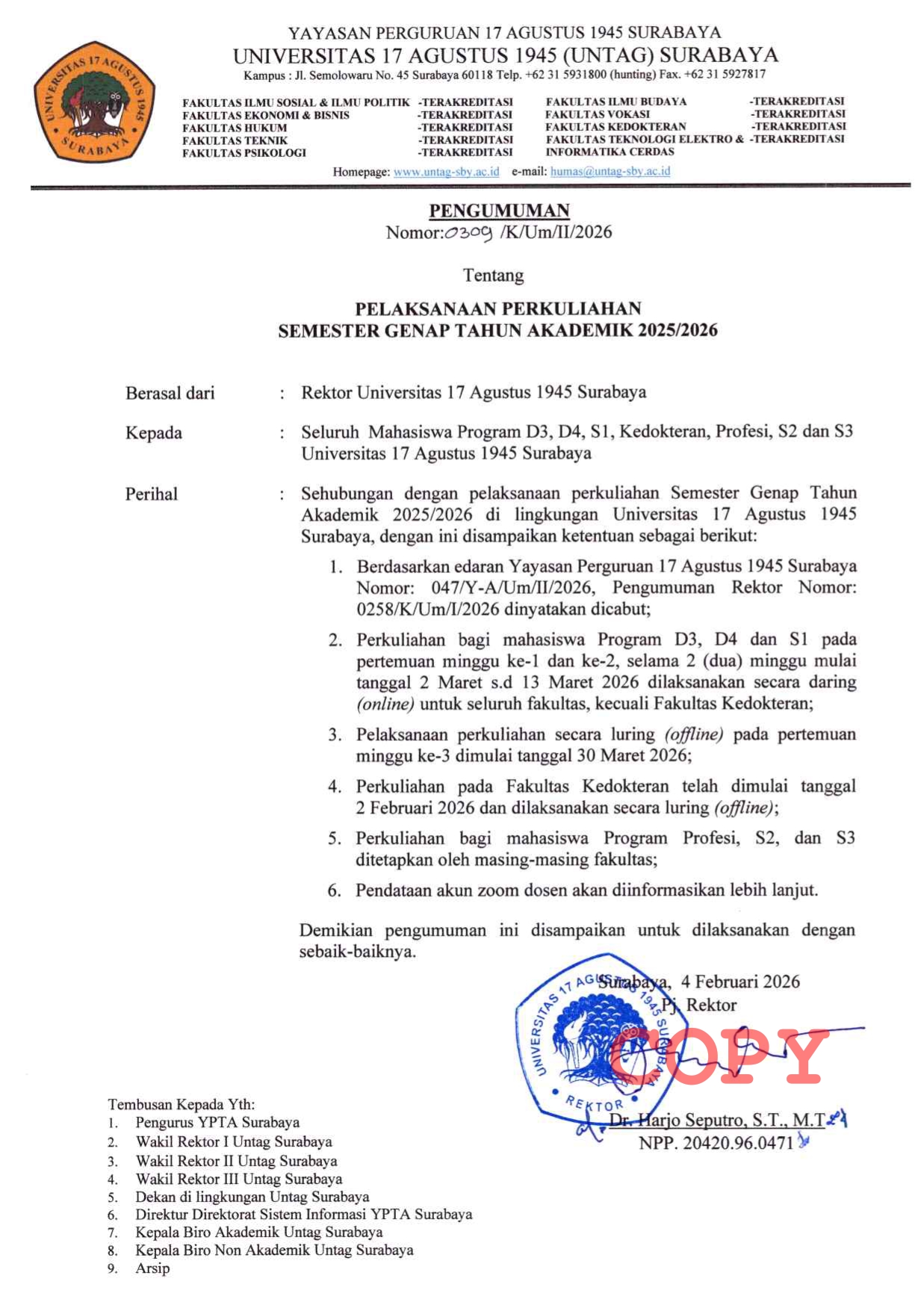 Pengumuman Pelaksanaan Perkuliahan Semester Genap TA. 2025/2026 Untag Surabaya