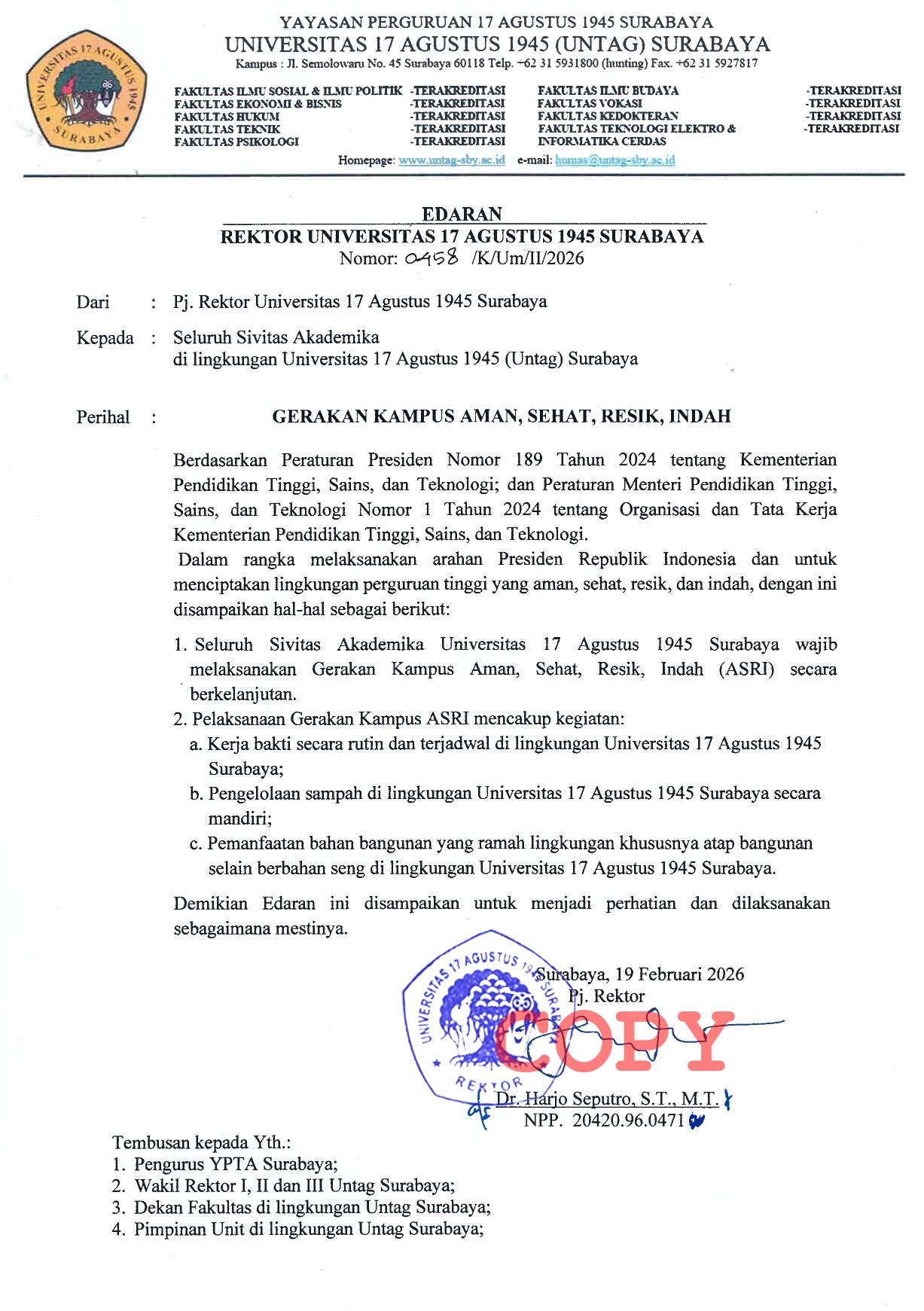 EDARAN REKTOR GERAKAN KAMPUS AMAN, SEHAT, RESIK, INDAH