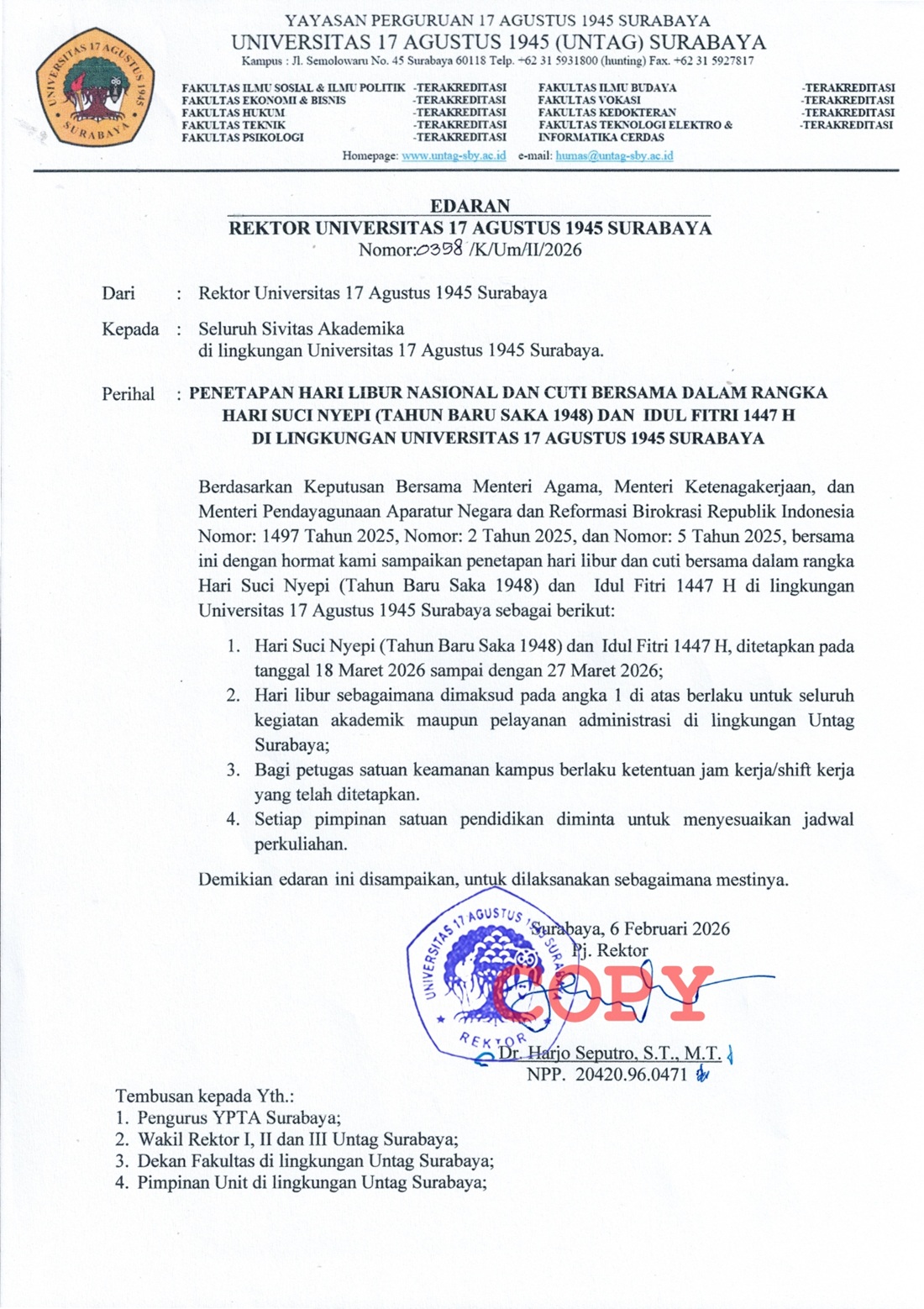 Penetapan Hari Libur Nasional dan Cuti Bersama dalam Rangka Hari Suci Nyepi (Tahun Baru Saka 1948) dan Idul Fitri 1447 H 