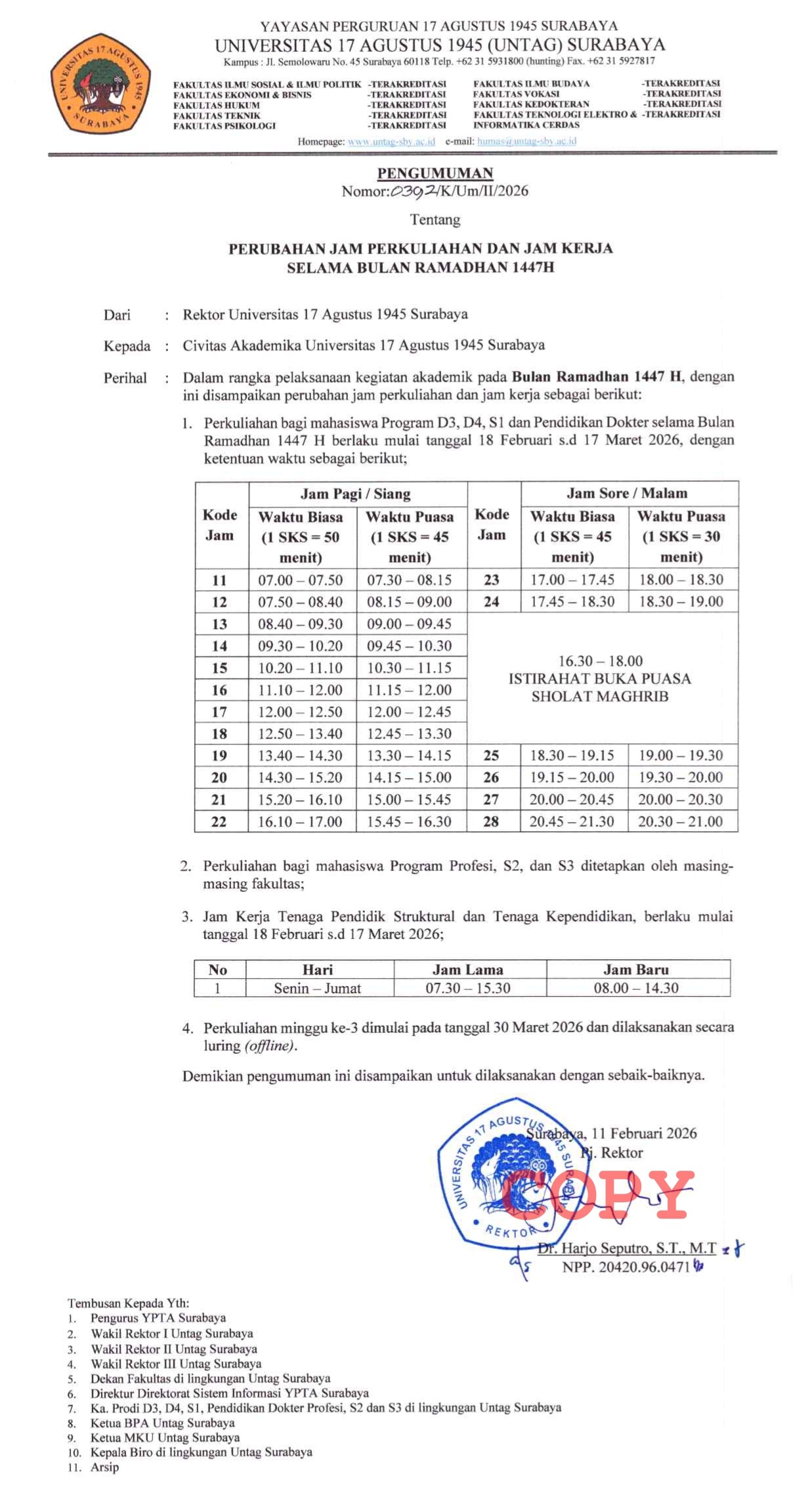 Pengumuman Perubahan Jam Perkuliahan dan Jam Kerja Selama Bulan Ramadhan 1447 H Untag Surabaya
